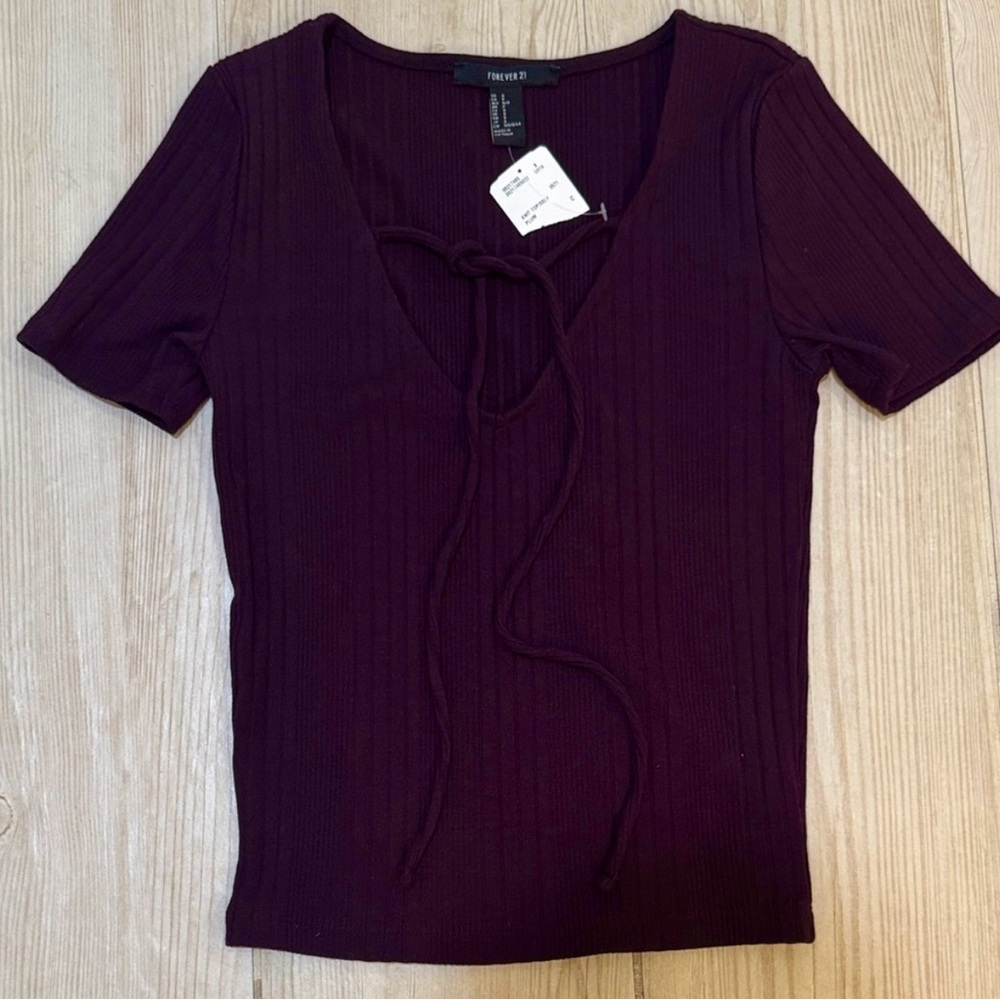 Forever 21 Ribbed Plum Short Sleeve Top With Tie Collar Small